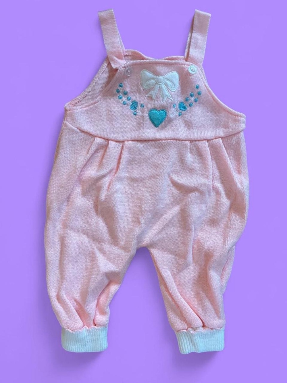 Vintage 1970s Pink baby romper with blue heart and bow embroidery